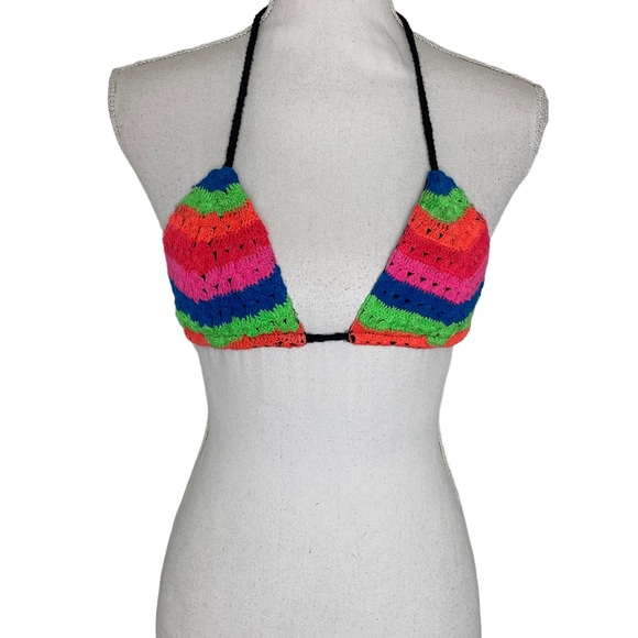 Dolls Kill Club Exx Crochet knit rainbow bikini top wth black lining M - Picture 1 of 11
